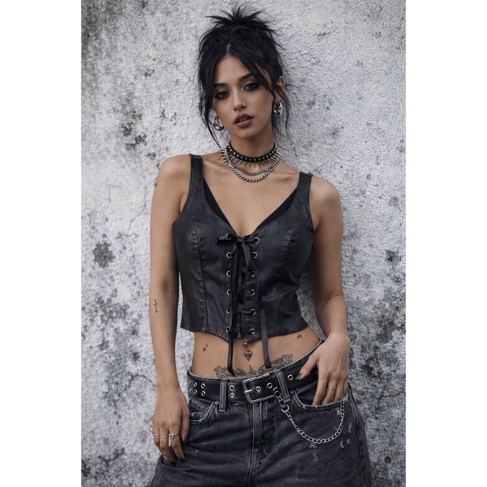 Vtg Sm S Black Leather Corset Lace Up Top Biker Festival 90s Whimsigoth Punk